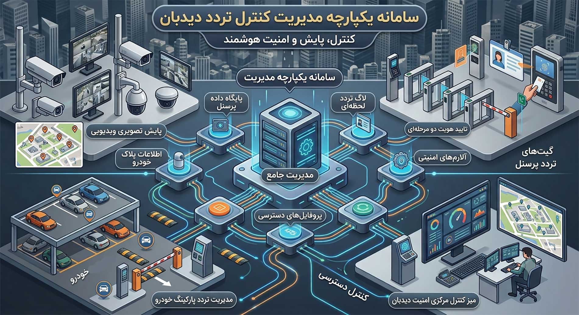 یکپارچه سازی تمامی دوربین‌ها، گیت‌ها و پارکینگ‌ها